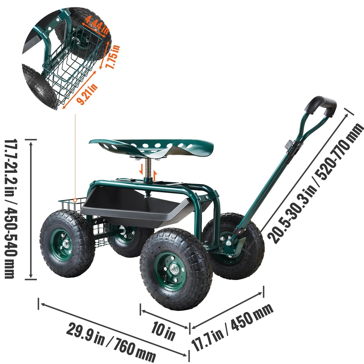 Rolling Workseat with Wheels Gardening Stool for Planting Degree Swivel Seat Wagon Scooter with Steering