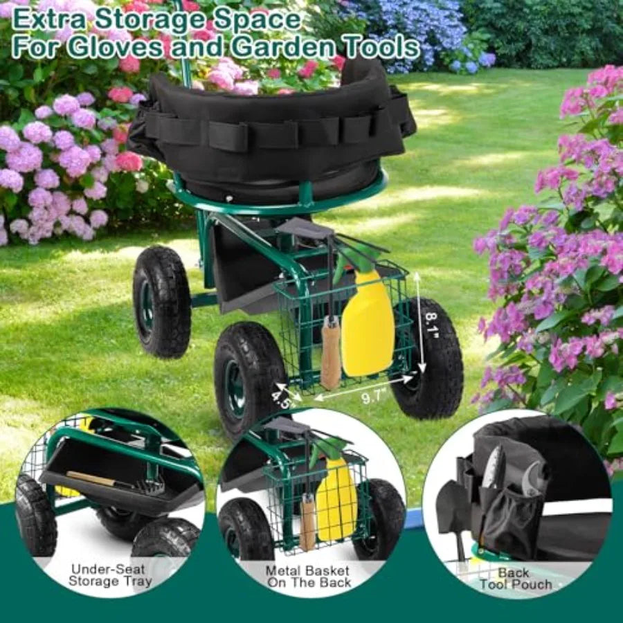 Garden Cart for Patio Backyard Lawn Outdoor Use: Green Steel Frame with Soft Rolling Seat Wheels Adjustable Steering Handle Uti