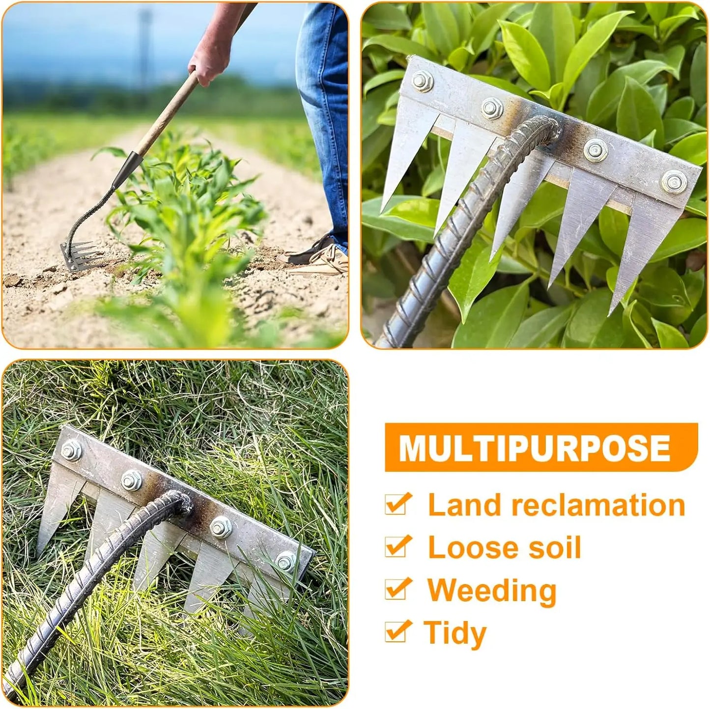5/6/7/8 Teeth Iron Gardening Hoe Weeding Rake Farm Tool Grasping Raking Loosening Soil Nail Rake Tool Artifact Harrow Farm Tool