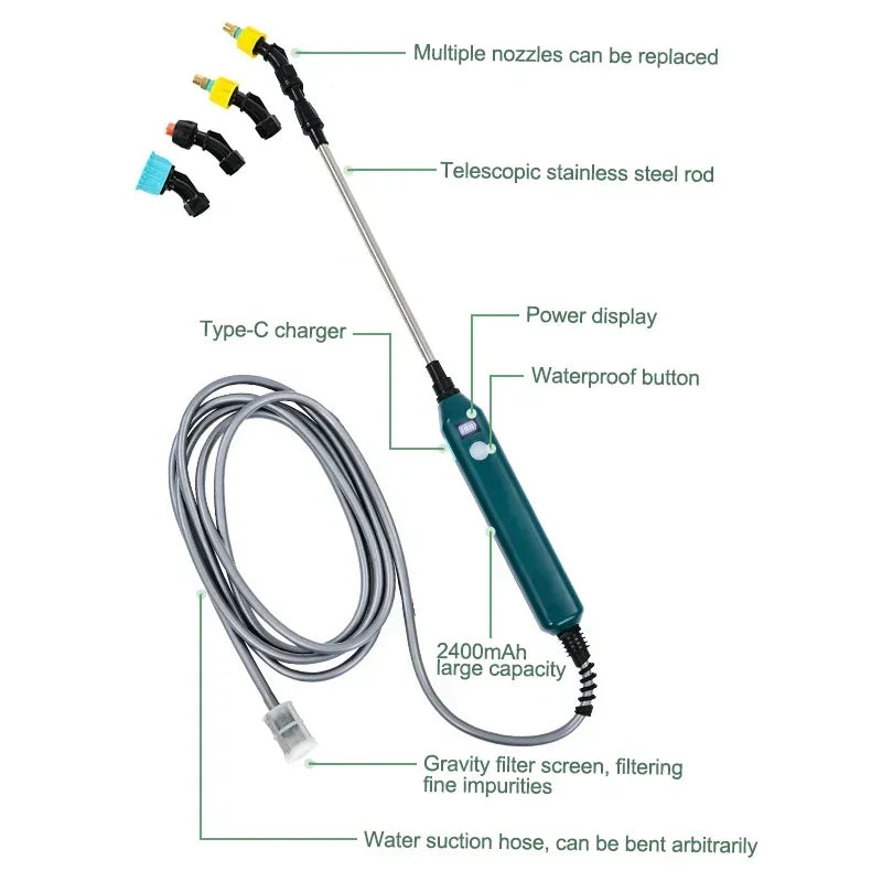 2400mAh High Pressure Electric Garden Sprayer Portable Plant Watering Tool With 3 Mist Nozzles For Lawn Crop Irrigation