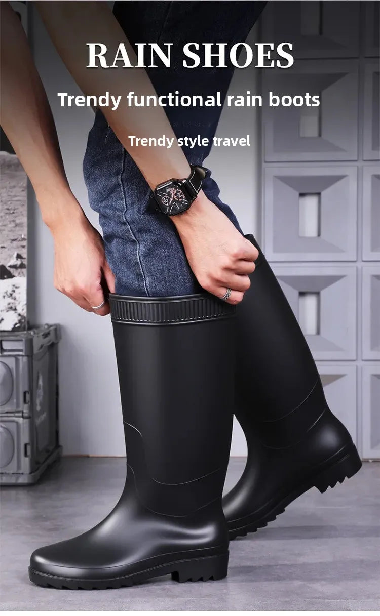 Men's Fashionable Long Tube Rain Boots Anti-Slip Waterproof Wear-Resistant Outdoor Fishing Car Wash Thick Bottom Shoes