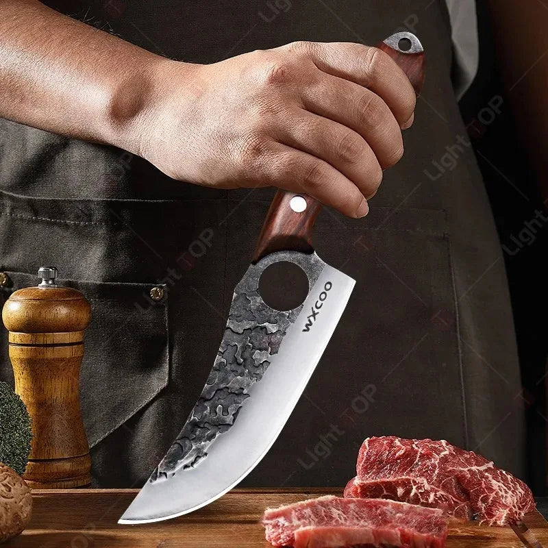 WXCOO Professional Kitchen Boning Knife Wooden Handle BBQ Knives Meat Eating Knife Butcher Knife Hammered Forged Stainless Steel