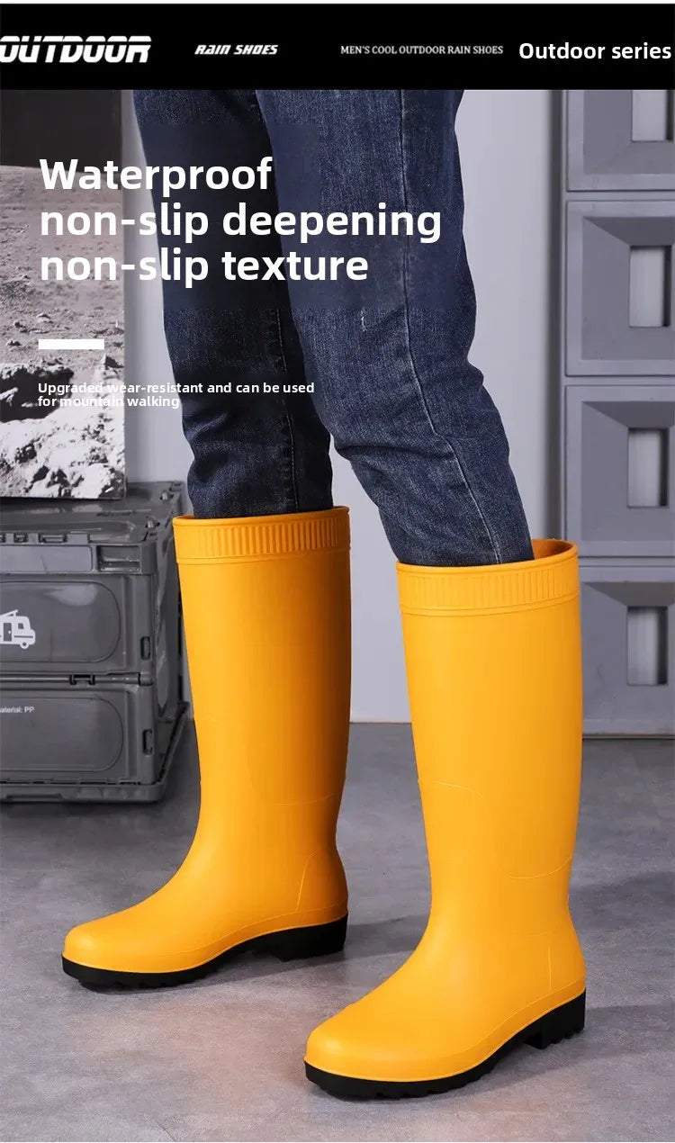 Men's Fashionable Long Tube Rain Boots Anti-Slip Waterproof Wear-Resistant Outdoor Fishing Car Wash Thick Bottom Shoes