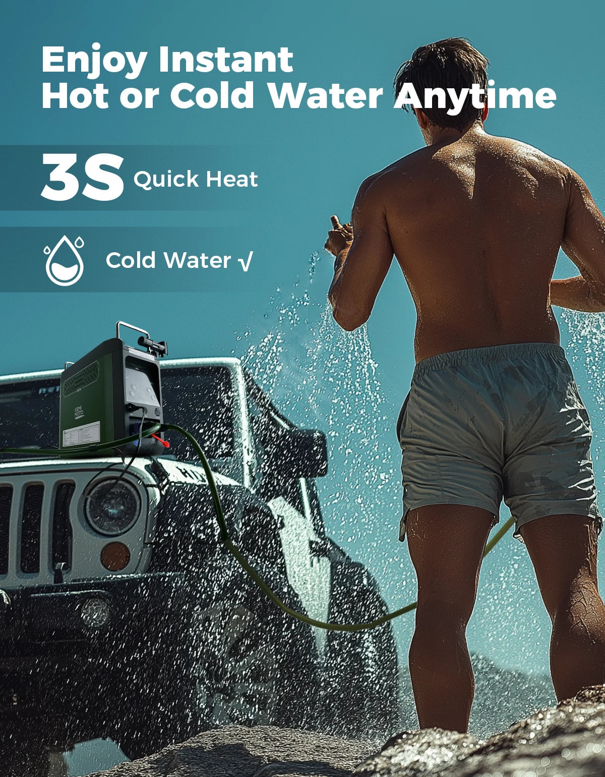 UTV Portable Shower Botane Outdoor Water Heater with Pump Max 100 Mins 3s Instant Hot 20,000 BTU 4000mAh Rechargeable Battery