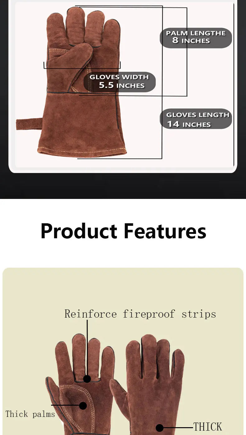 14 Inch Welding Gloves For Welder Work Gloves Thick Cow Split Leather Heat Resistant Oven BBQ Gloves For Grill Heat Insulation