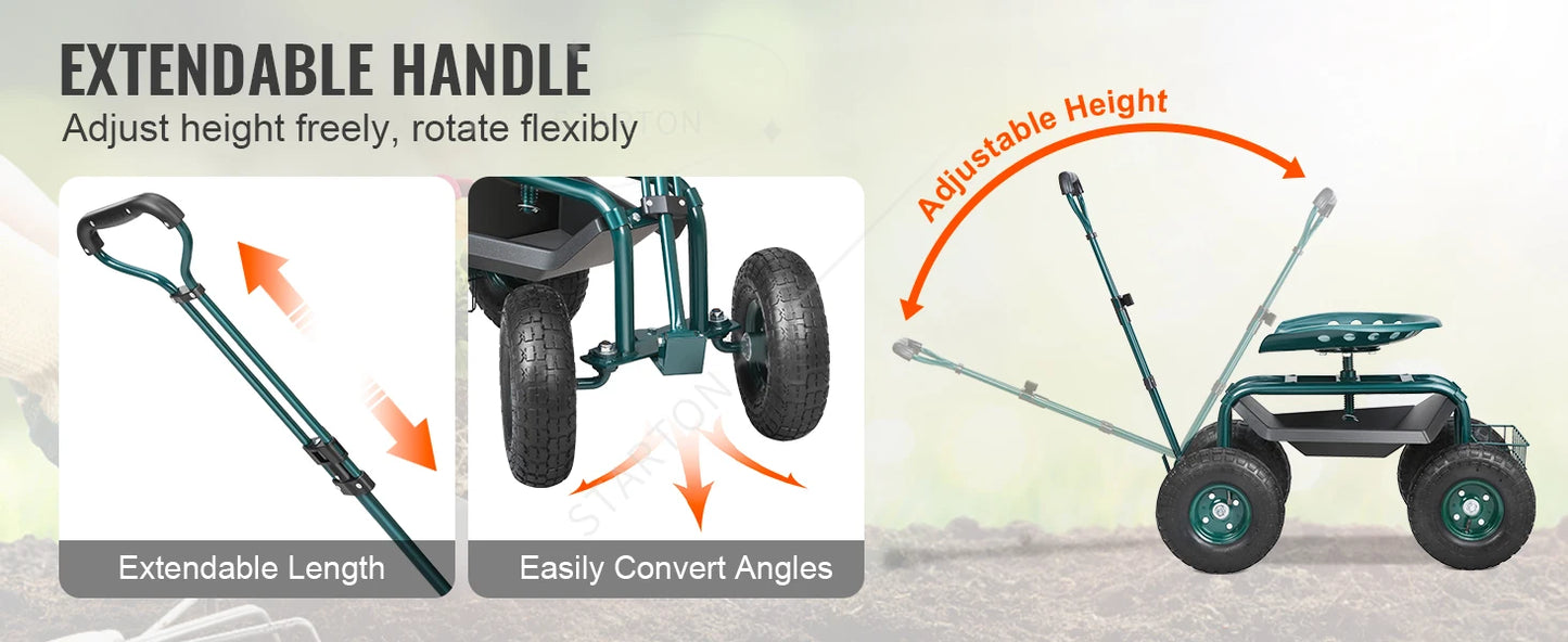 Rolling Workseat with Wheels Gardening Stool for Planting Degree Swivel Seat Wagon Scooter with Steering