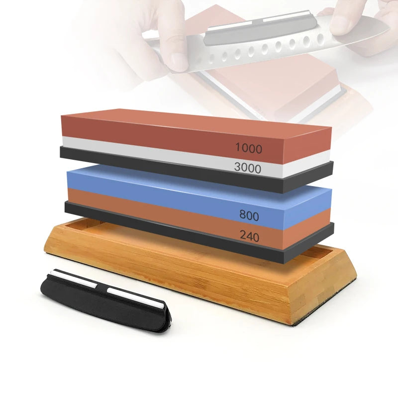 2in1 Professional Sharpening stones Knife sharpener Double-side Whetstone Grinder stone Watster stone Bamboo base Angle guide