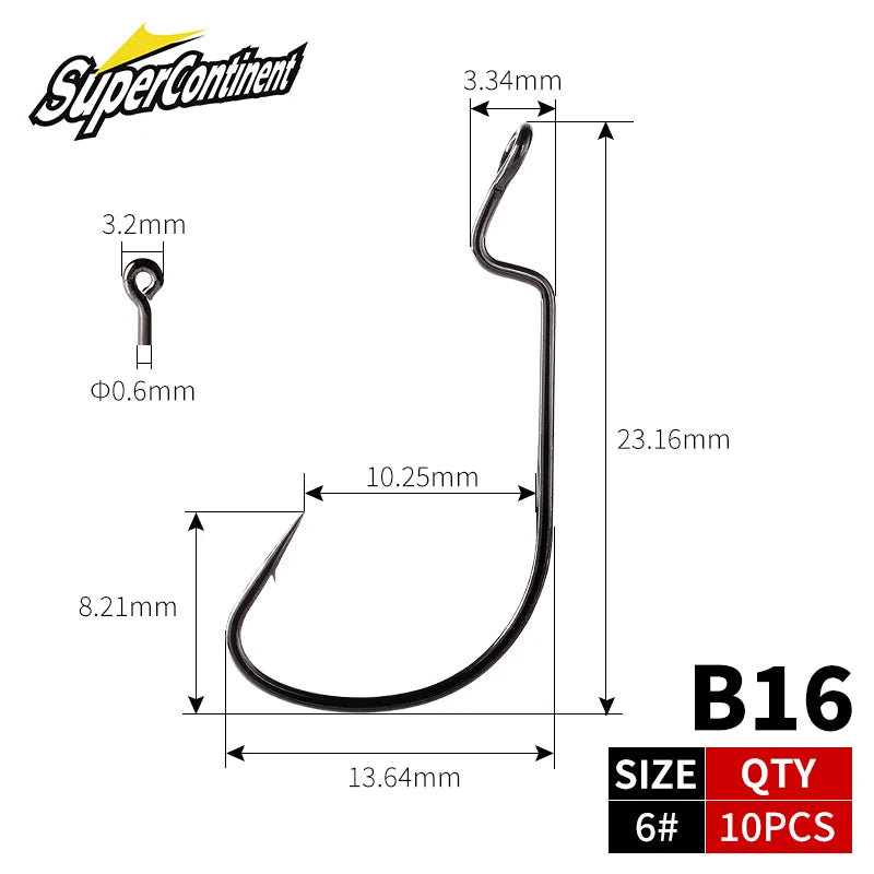 SUPERCONTINET 10pcs/lot Fishing Soft Worm Hooks High Carbon Steel Wide Super Lock Fishhooks Lure Softjerk Hooks