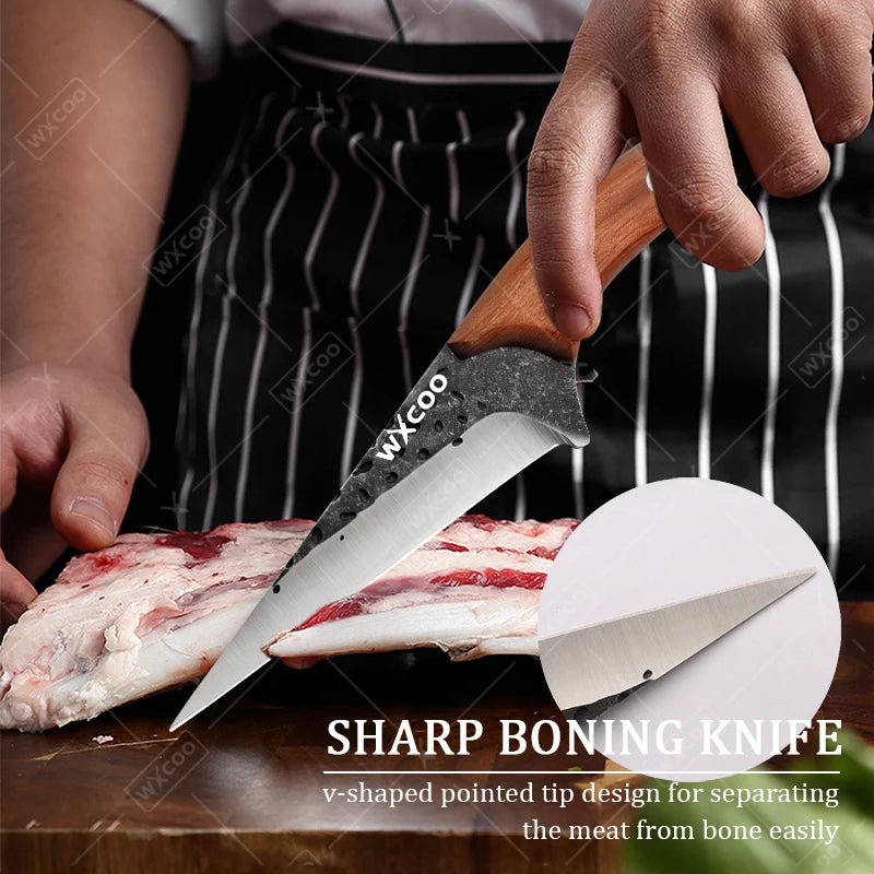 WXCOO Hand-Forged Butcher Knife Stainless Steel Kitchen Knife Full Tang Meat Cleaver Boning Chef Knife for Barbecue Cooking