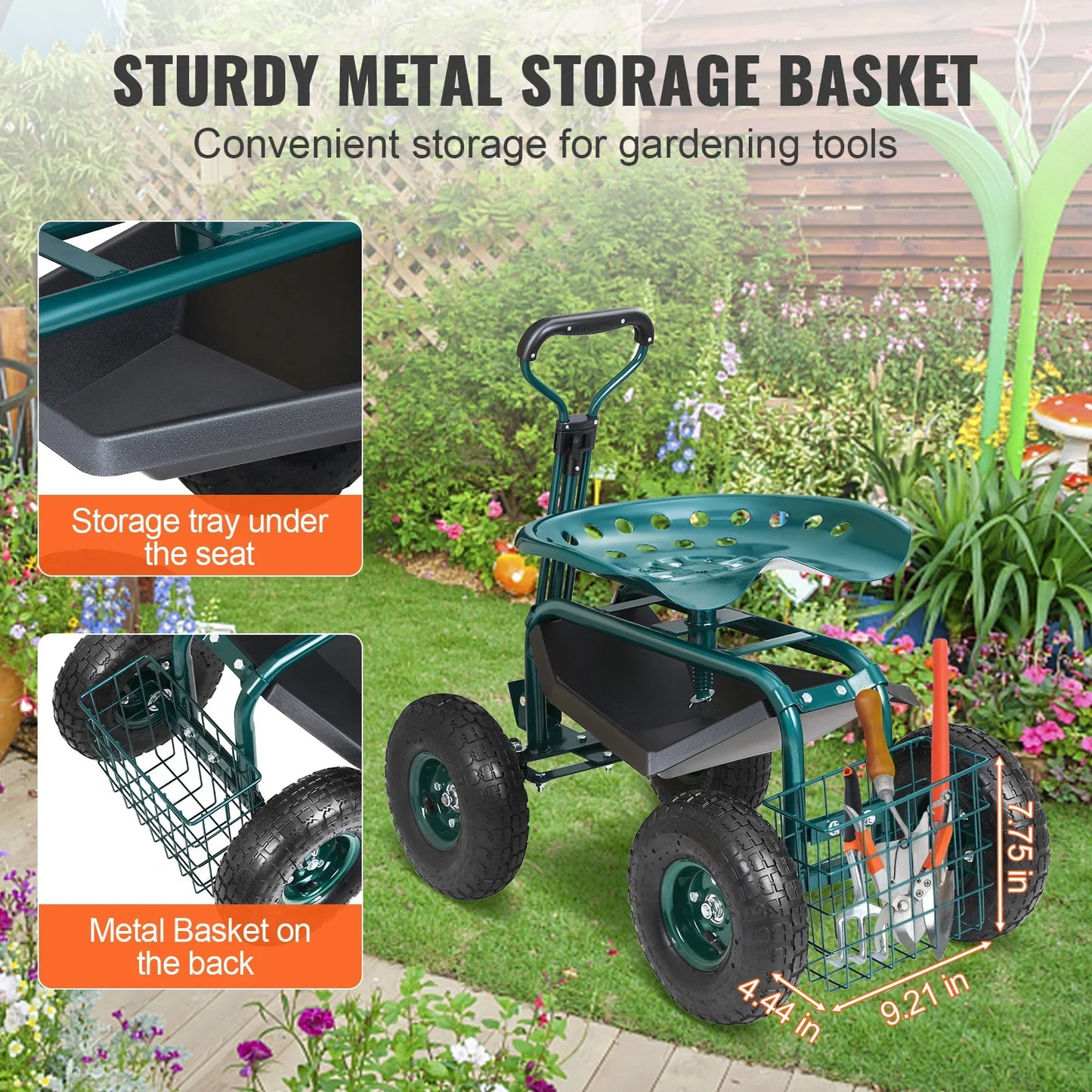 Rolling Workseat with Wheels Gardening Stool for Planting Degree Swivel Seat Wagon Scooter with Steering