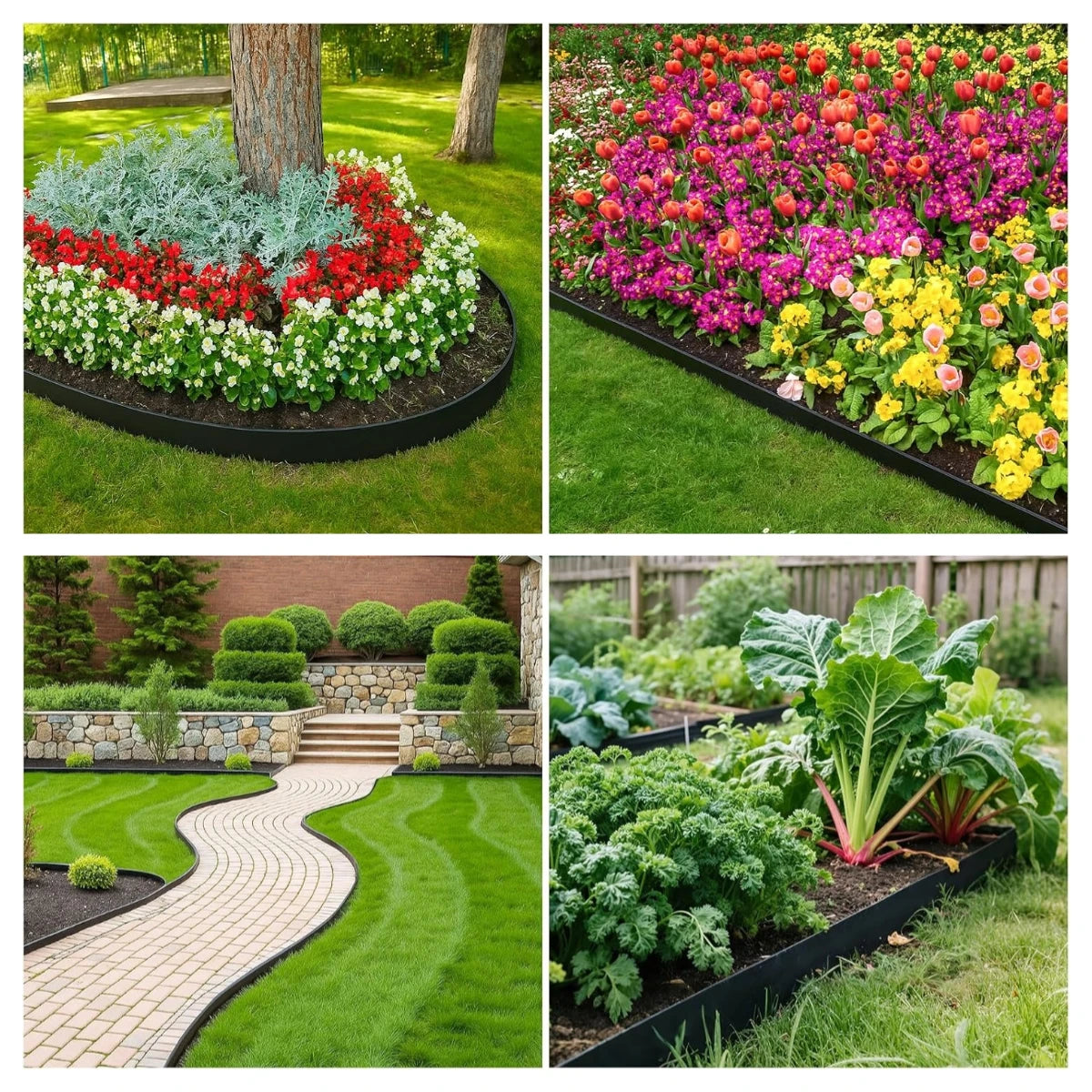33FT - 100FT No-Dig Landscape Edging with Anchoring Spikes, 1.5 in. Tall Straight Top Plastic Garden Border Foot Kit, Black