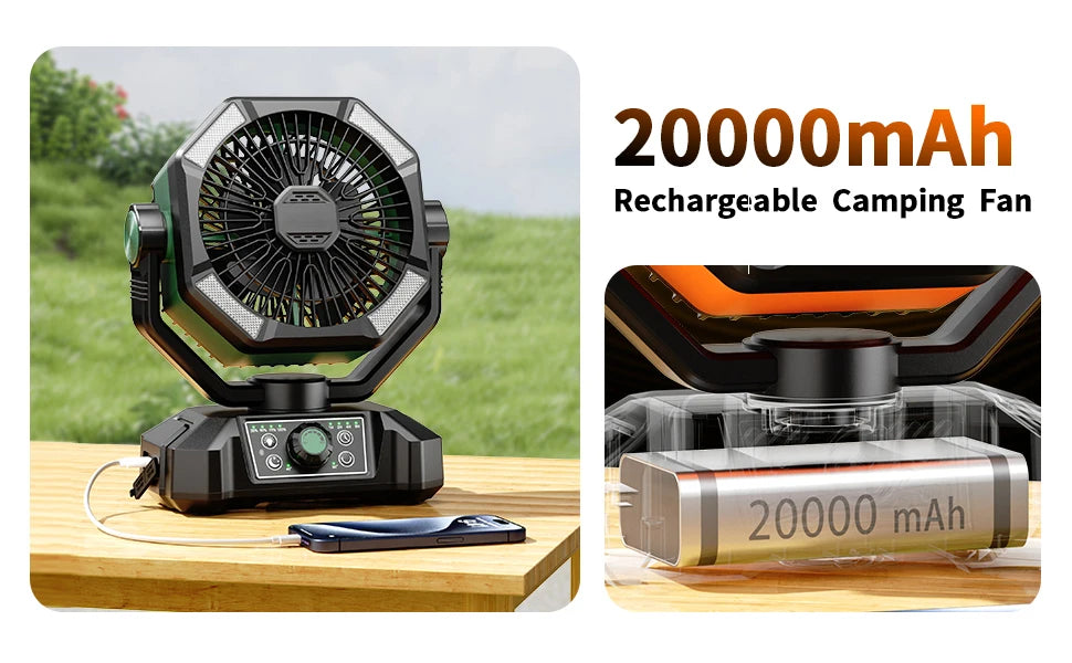 20000mAh Battery Camping Fan with 4 LED Lantern 8 Speeds Desk Fan Portable Outdoor Fan for Outdoor Camping Tent and Fishing