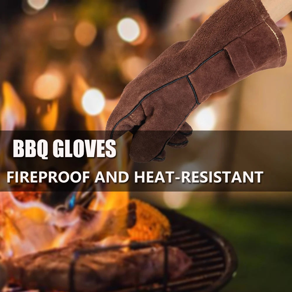 14 Inch Welding Gloves For Welder Work Gloves Thick Cow Split Leather Heat Resistant Oven BBQ Gloves For Grill Heat Insulation