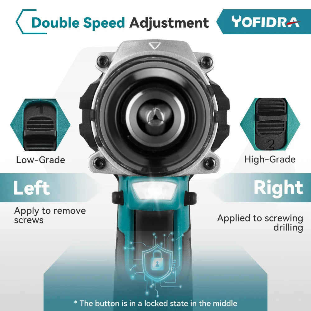 YOFIDRA 13mm 35+3 Torque Brushless Electric Impact Drill Cordless Screwdriver Househeld Power Tool For Makita 18V Battery Pin