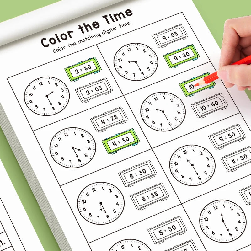 Children's Time Concept Practice Workbook, Suitable for Home School and Kindergarten Activities, Includes Reading and Math Practice Sheets, Perfect for Classroom Teaching and Back-To-School Supplies. Christmas Gifts.