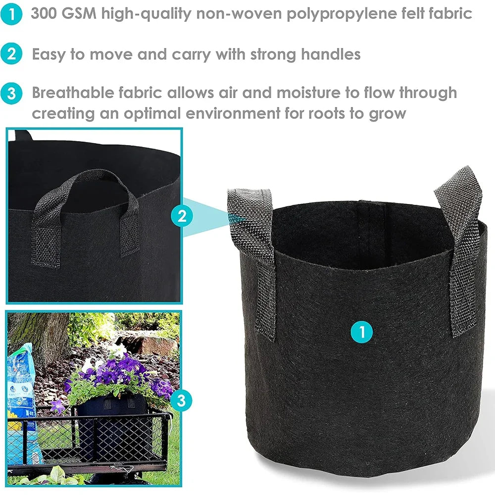 5-Pack Grow Bags/Aeration Fabric Pots with Handles(Available Capacities: 3 Gallon，4 Gallon, 5 Gallon, 7 Gallon, 30 Gallon)