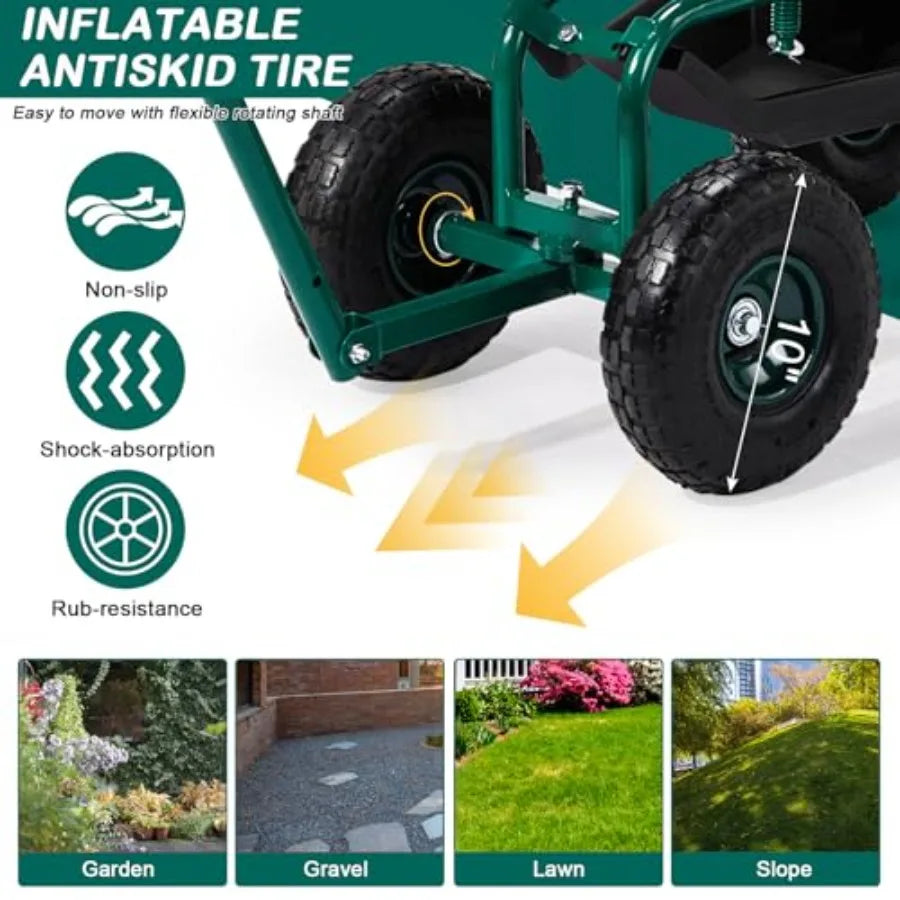 Garden Cart for Patio Backyard Lawn Outdoor Use: Green Steel Frame with Soft Rolling Seat Wheels Adjustable Steering Handle Uti