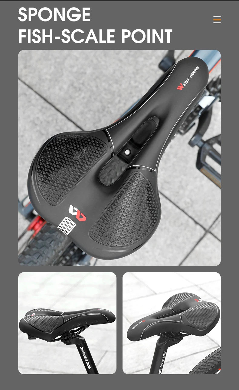 WEST BIKING MTB Bike Bicycle Saddle Rail Hollow Breathable Absorption Rainproof Soft Comfortable Sponge Casual Road Cycling Seat