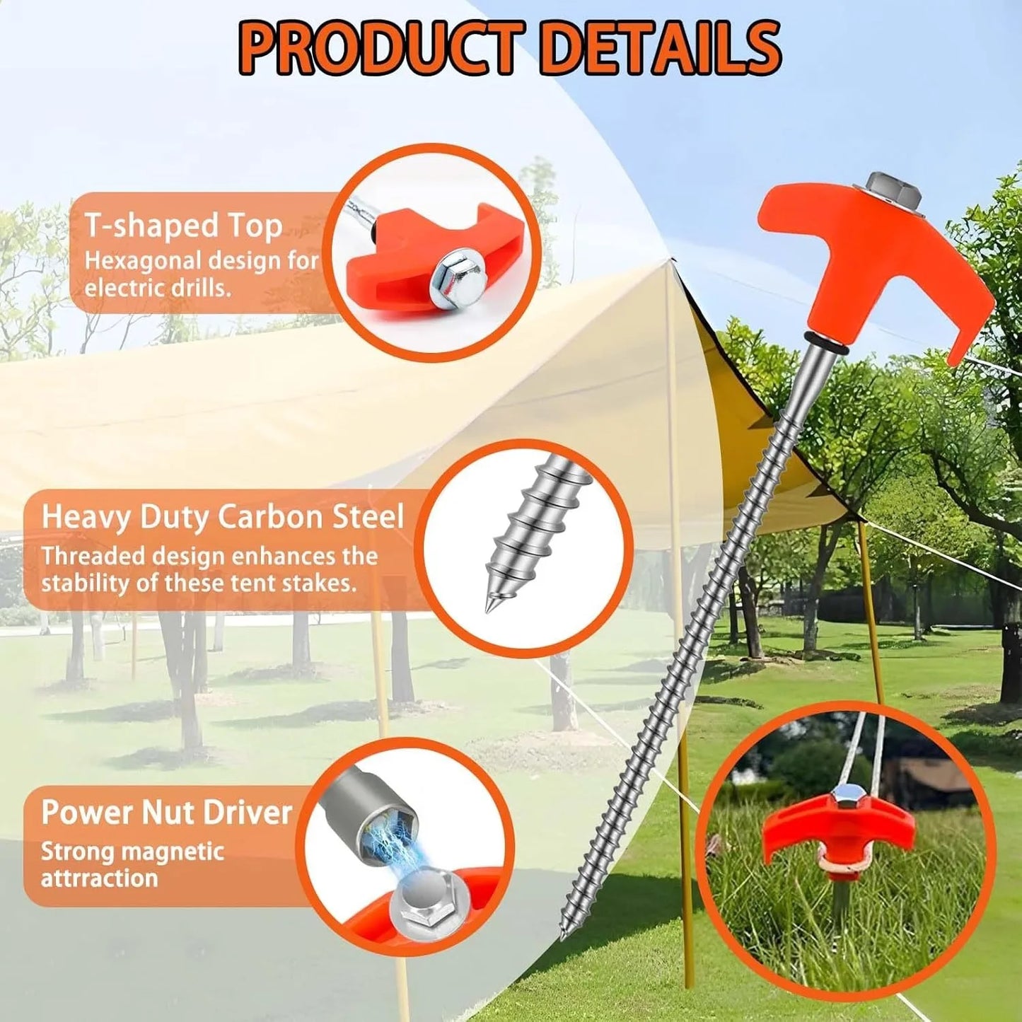 CZHIYAO 4pcs Outdoor Tent Nail 20/25/30cm Screw Anchor Stakes Pegs Screws Peg Ground Nails Carbon Steel Hexagonal Plastic Head