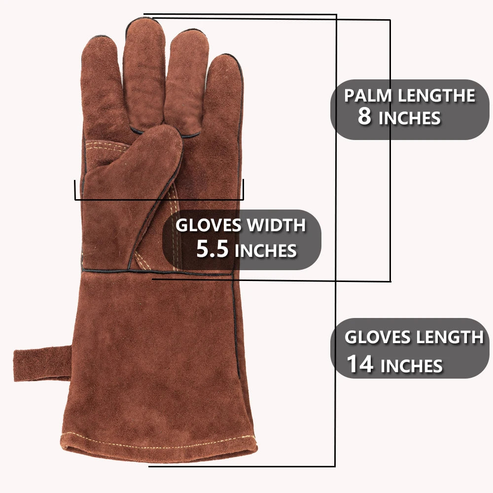 14 Inch Welding Gloves For Welder Work Gloves Thick Cow Split Leather Heat Resistant Oven BBQ Gloves For Grill Heat Insulation
