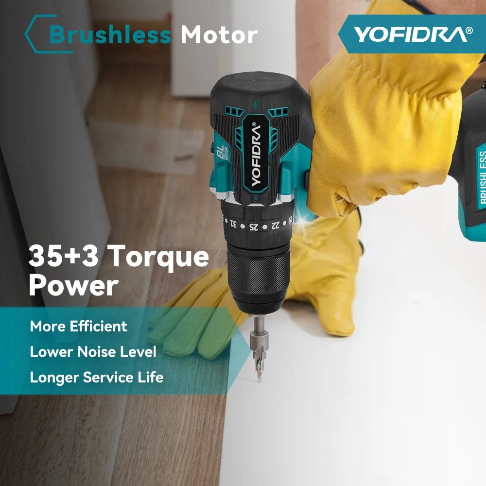 YOFIDRA 13mm 35+3 Torque Brushless Electric Impact Drill Cordless Screwdriver Househeld Power Tool For Makita 18V Battery Pin