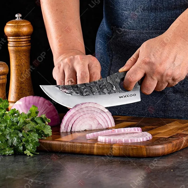 WXCOO Professional Kitchen Boning Knife Wooden Handle BBQ Knives Meat Eating Knife Butcher Knife Hammered Forged Stainless Steel