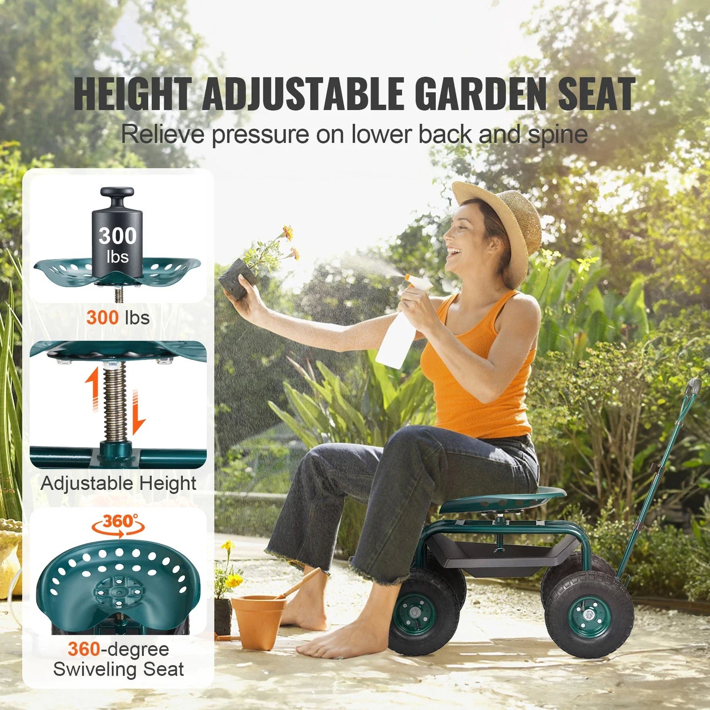 Rolling Workseat with Wheels Gardening Stool for Planting Degree Swivel Seat Wagon Scooter with Steering