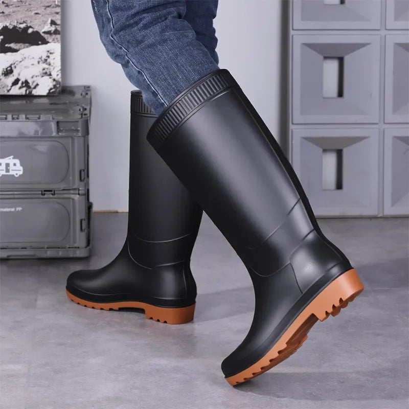 Men's Fashionable Long Tube Rain Boots Anti-Slip Waterproof Wear-Resistant Outdoor Fishing Car Wash Thick Bottom Shoes