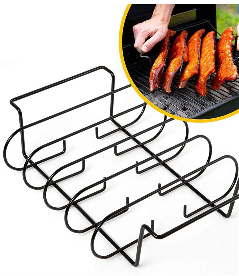 BBQ Steak Racks Non-Stick Coated Steel Roasting Barbecue Rib Meat Lamb Roasting Grilling Stand Holds Outdoor Picnic Rib Rack