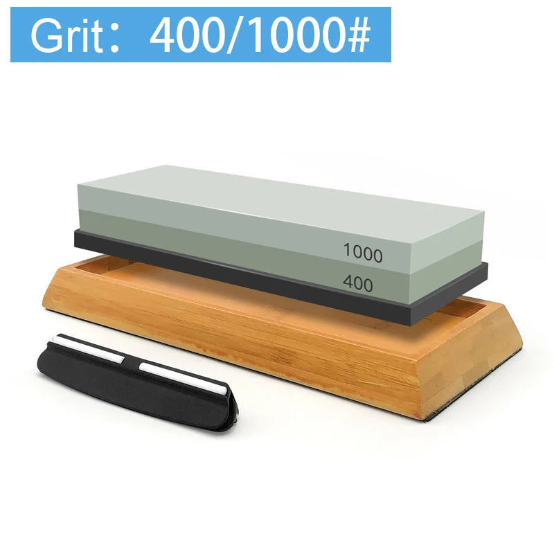 2in1 Professional Sharpening stones Knife sharpener Double-side Whetstone Grinder stone Watster stone Bamboo base Angle guide
