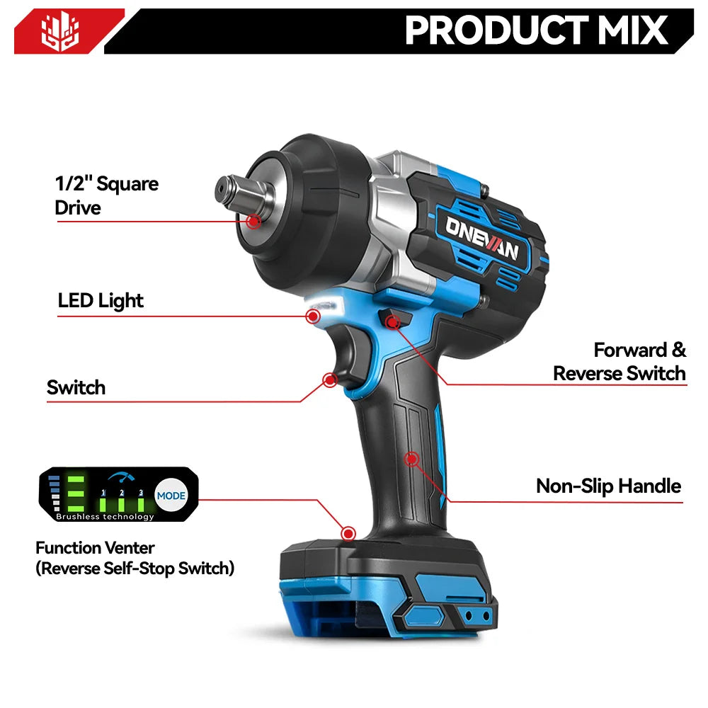 ONEVAN 2800N.M Brushless Cordless Electric Impact Wrench Power Handheld Screwdriver Car Repair Tool For Makita 18V Battery Pin