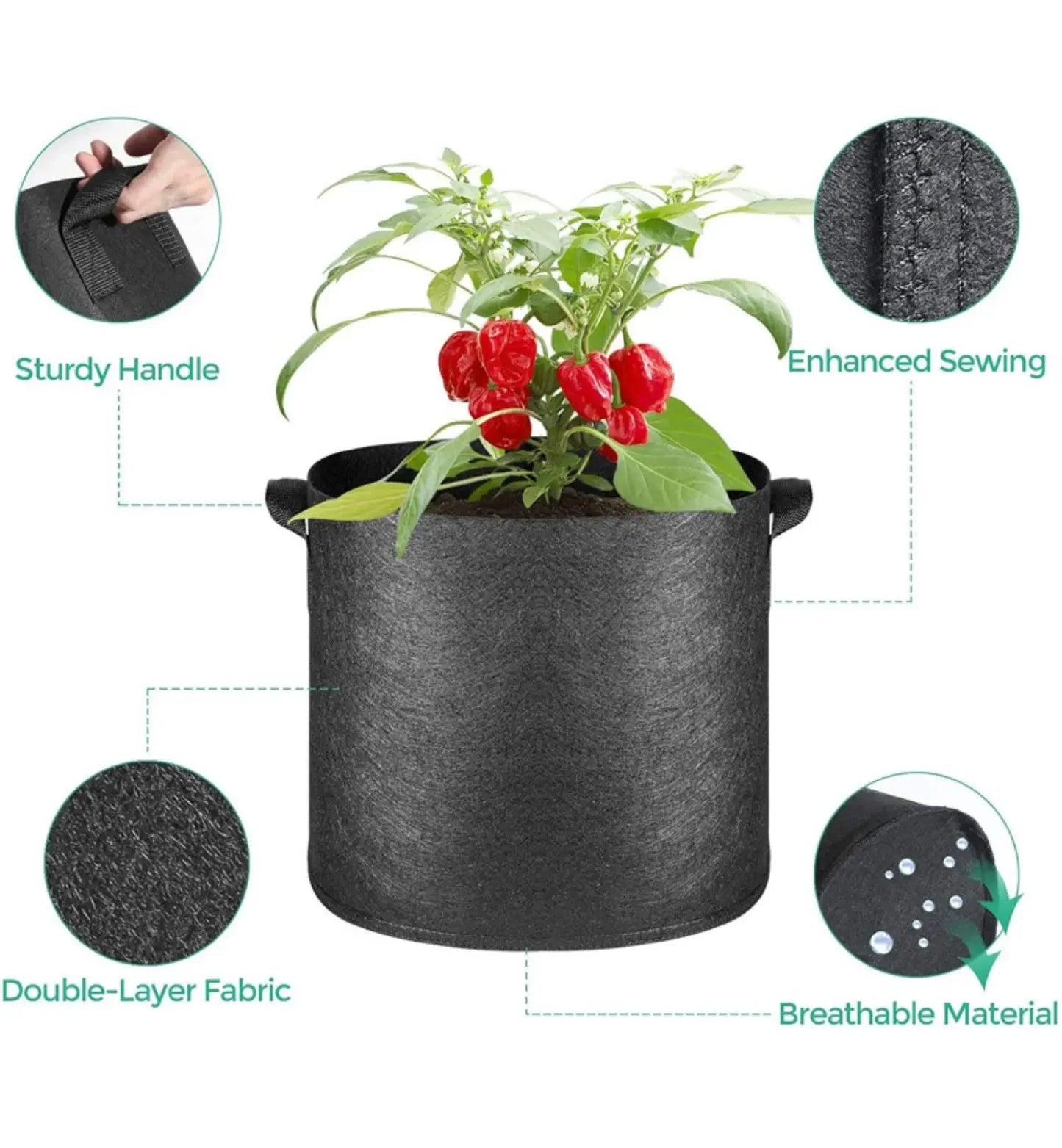 5-Pack Grow Bags/Aeration Fabric Pots with Handles(Available Capacities: 3 Gallon，4 Gallon, 5 Gallon, 7 Gallon, 30 Gallon)